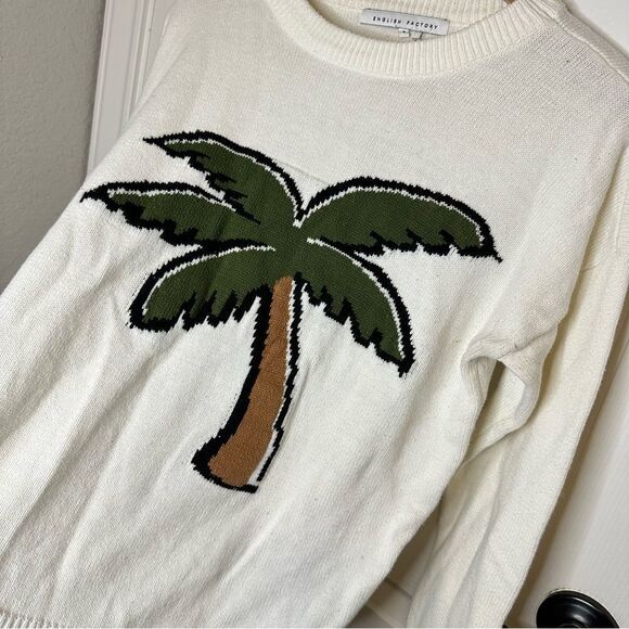 English Factory Creme Palm Tree Crewneck Sweater Sz S Coastal Beach Tropical - Picture 2 of 5